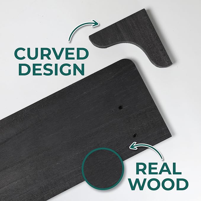 Real Wood Black Wall Shelves - 17 inch (2 Pack) - Easy to Install, Template and Video Included - Black Wall Shelving, Shelves for Bedroom, Shelves for Wall Decor