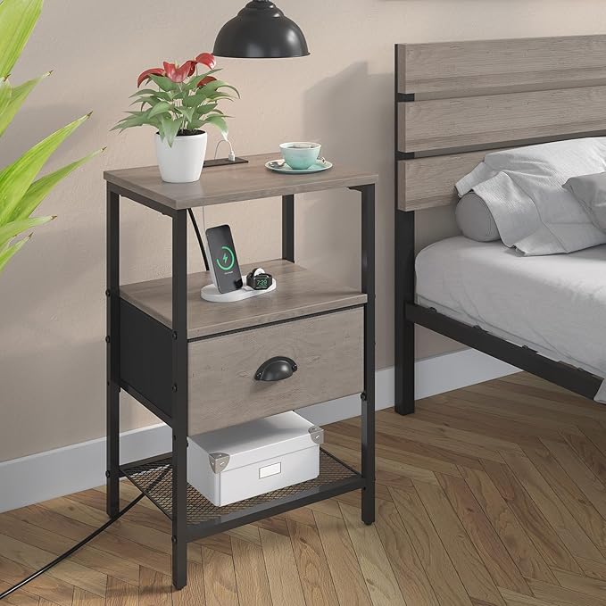 Nightstands Set of 2, Night Stands with Charging Station and Fabric Drawer, Grey Bedside Tables with Drawers, 2- Tier Side Table with Storage, Nightstands with Charging Station,Grey