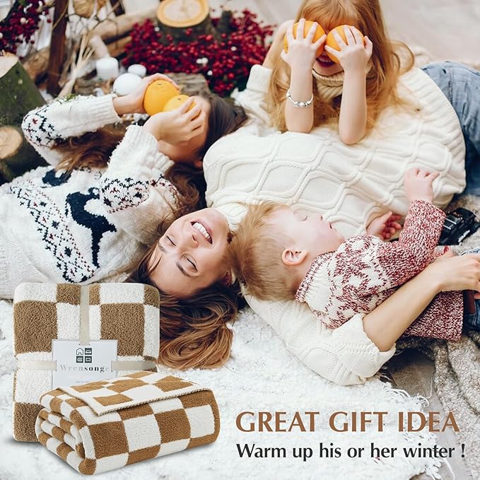 WRENSONGE Fall Checkered Throw Blanket, Burnt Orange Soft Cozy Fluffy Warm Hand Made Throw Blankets for Couch, Sofa, Chair, Bed, Camping, Picnic, Travel Lightweight Bed Blanket - 50"*60"