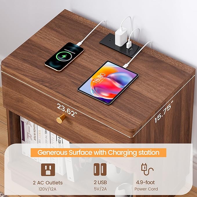 Modern Night Stand with Charging Station for Bedroom, Nightstand Bedside Table with Drawer and Storage Shelf for Bedroom (Walnut-Charging Station-1 pc)