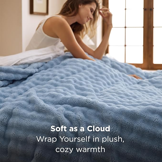 Bedsure 3D Fleece Bubble Blanket - GentleSoft Blue Queen Blanket for for Bed Sofa Room Decor - Luxury Soft Cozy Spring Gifts for Her, Lightweight, All Seasons, Celestial Blue, 90"×90"
