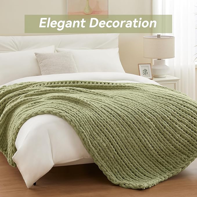 Chunky Knit Throw Blanket, 80''*90'' Knitted Throw Chenille Yarn for Bed Couch, Handmade Light Green Crochet Big Thick Blanket, Machine Washable Cute Comfy Blanket for Home Decor