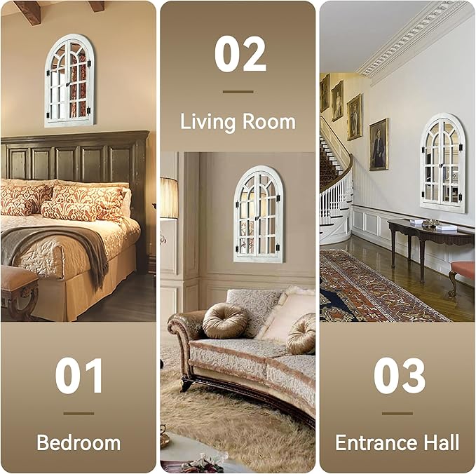 Window Mirrors for Wall Decor -White Arched Wall Mirror Farmhouse Wall Decor Wood Frame Decorative Wall Mirrors Like Window for Bedroom, Living Room, Entrance, Dining Room
