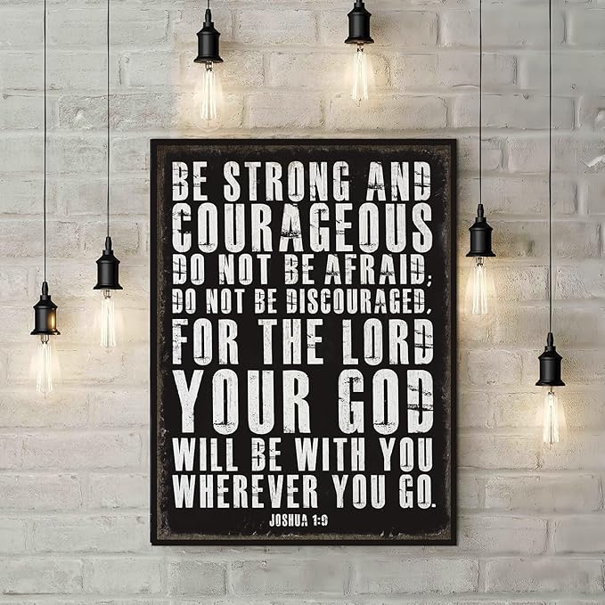 Retro Christian Wall Art Be Strong and Courageous Bible Verses Wall Decor Scripture Canvas Prints Art Religious Inspirational Words Sign for Office Bathroom Bedroom Rustic Christian Home Decor 12x16