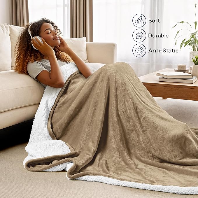 Utopia Bedding Sherpa Blanket King Size (Camel, 90x102 Inches) - Soft Warm Plush Fleece Reversible Blanket for Bed, Sofa, Couch, Camping and Travel