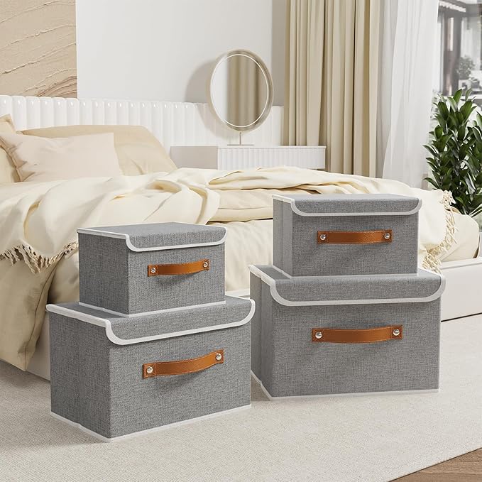 OUTBROS Fabric Storage Bins Cube Organizers with Flip-Top Lid and Handles,Storage Boxes for Organizing Home,Office,and Closet,Grey,5 Pack 10.2 x 7.9 x 6.7 in