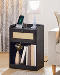 Nightstand, End Table with Charging Station, Side Table with Rattan-Style Drawer and Storage Shelf, Modern Sofa Table with 1 AC Outlet and 2 USB Ports, for Bedroom, Black MBZ01UBB