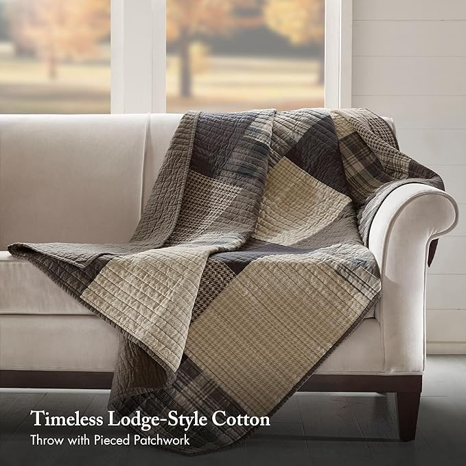Woolrich Luxury Quilted Throw - Cabin Lifestyle, Patchwork with Moose Design All Season, Lightweight and Breathable Cozy Bedding Layer Throws for Couch Sofa, 50" W x 70" L, Winter Hills Tan