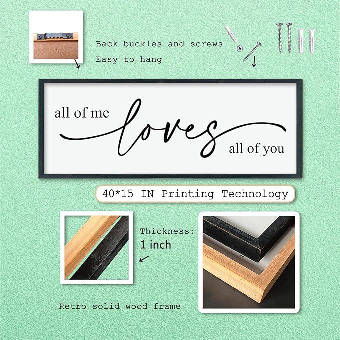 LuZhiQiang All Of Me Loves All Of You Wall Decor Art 40"×15" Master Bedroom Above Over Bed Sign Romantic Minimalist Love Quotes for Couples Large Framed Wooden Wall Hanging (Black)