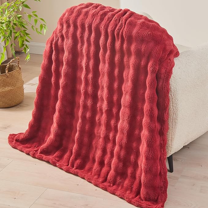 NEWCOSPLAY Throw Blanket for Couch Red Super Soft Flannel Fleece 3D Bubble Lightweight Bed Blanket All Season Use (Red, Throw(50"x60"))