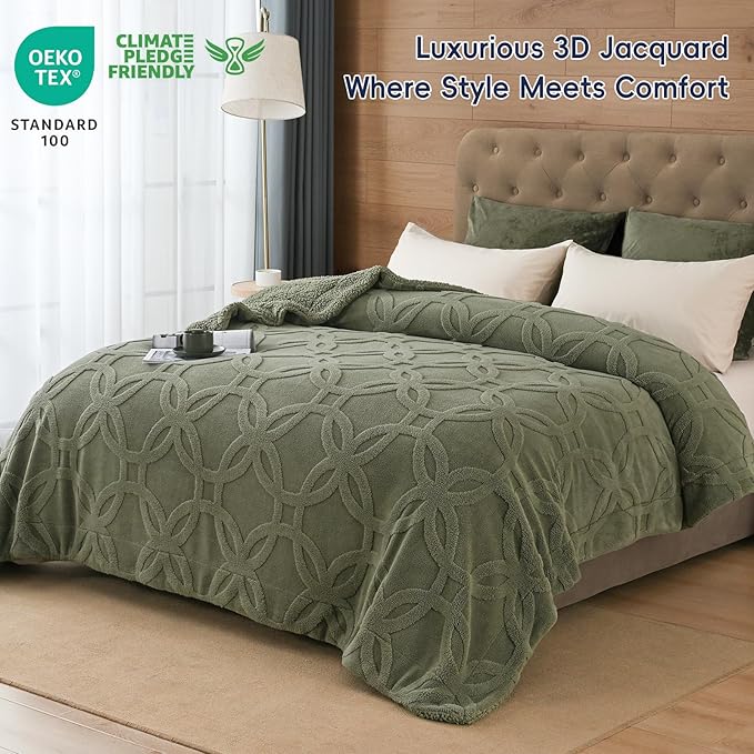 PHF Soft Sherpa Fleece Blanket Queen Size for Bed, 510GSM Fleece Lightweight Yet Warm Blanket, No Shed No Pilling, 90" x 90", Tufted Jacquard Cozy Thick Bed Throw for Home Decor Christmas, Dark Olive