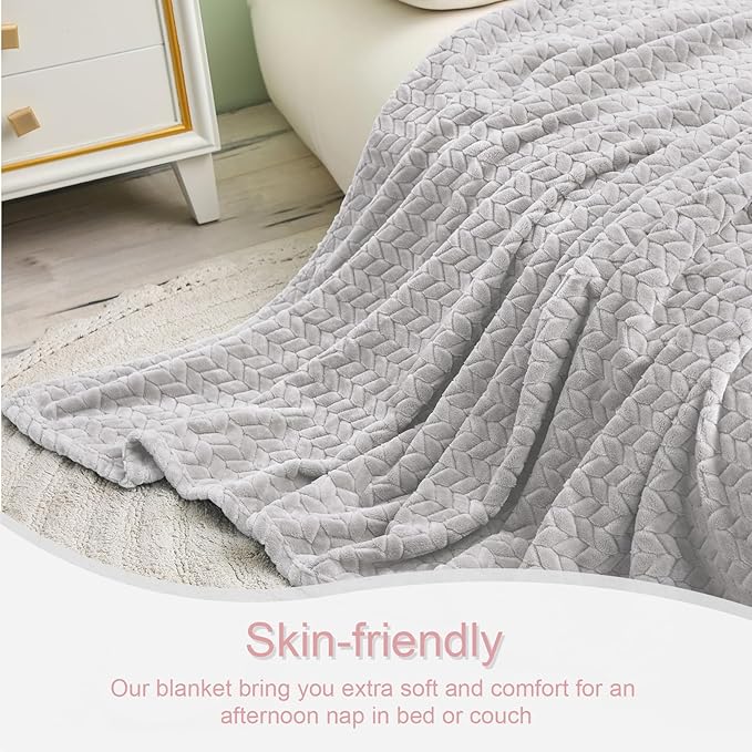 Exclusivo Mezcla Fleece Throw Blanket for Couch and Bed, 50x70 Inches Soft Cozy Jacquard Flannel Blankets, Lightweight Fuzzy Plush Warm Throws for Women, Light Grey