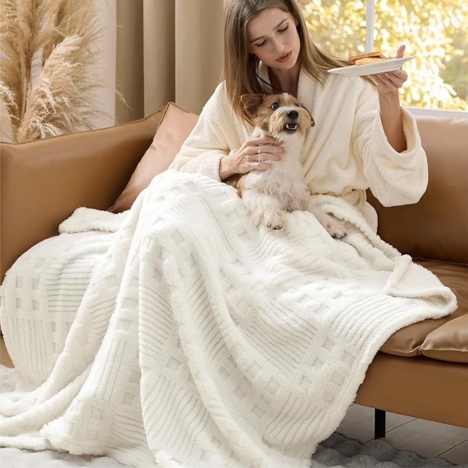 Bedsure White Throw Blanket for Couch - GentleSoft Fluffy Waffle Blanket for Sofa Bed Room Decor, Super Cozy Fleece Checkered Throw for Women, Warm for All Season, 50x60 Inches