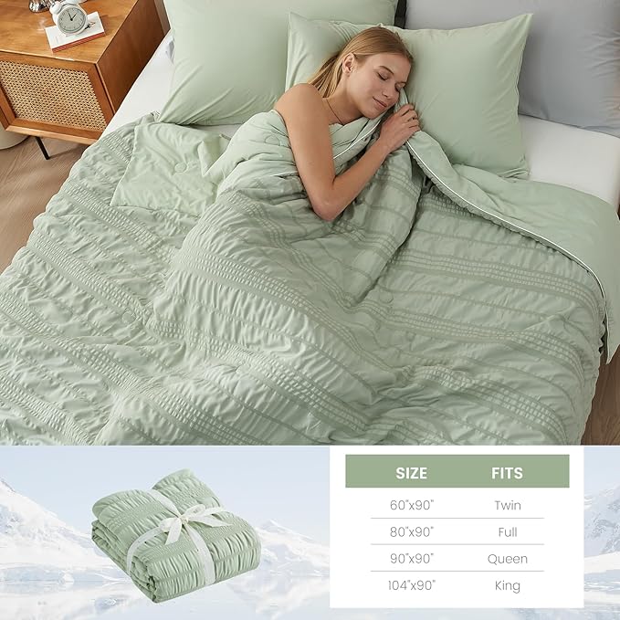Cozy Bliss Seersucker Cooling Comforter Twin Size, Q-Max 0.45 Reversible Lightweight Cooling Blanket, Breathable Silk Smooth Summer Bedding Quilt for Hot Sleepers Night Sweats Sage Green