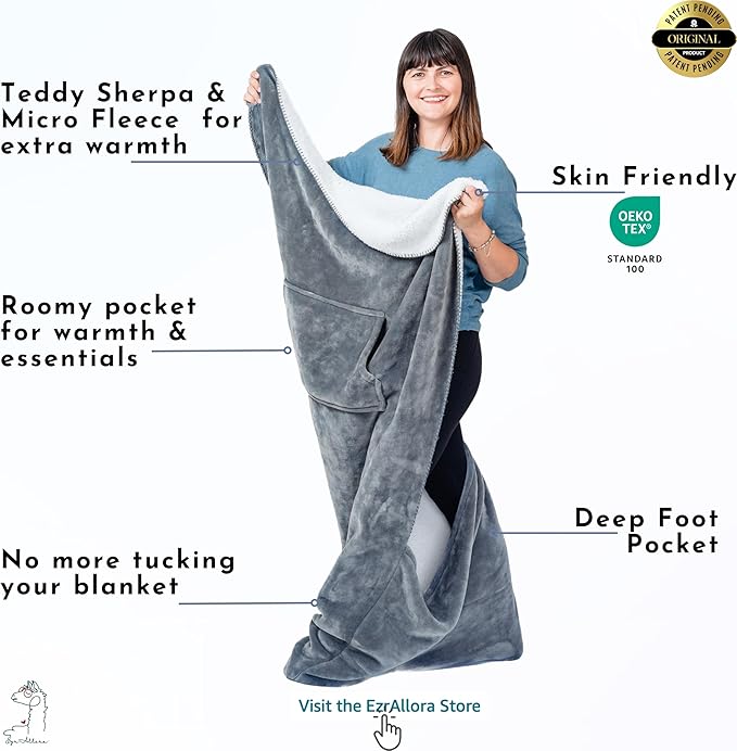 Premium Double Layer Foot Pocket Blanket -Patent Pending- Gamer Gift for Men Who Have Everything - Father's Day Useful Gifts for Dad Who Wants Nothing (Double Layer, Silver Grey)