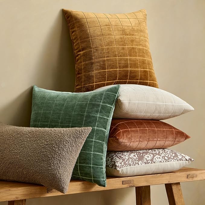 MIULEE Decorative Chenille Check Throw Pillow Covers Vintage Plaid Couch Pillows 18x18 Inch Set of 2 Neutral Boho Cushion Covers Modern Spring Home Decor for Sofa Bed Living Room Moss Green