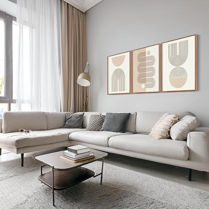 CHDITB Mid-Century Modern Framed Canvas Wall Art Set Of 3, Neutral Art Boho Wall Decor, Beige Geometric Wall Painting, Abstract Minimalist Art Prints For Living Room, Bedroom (12X16 Inch)
