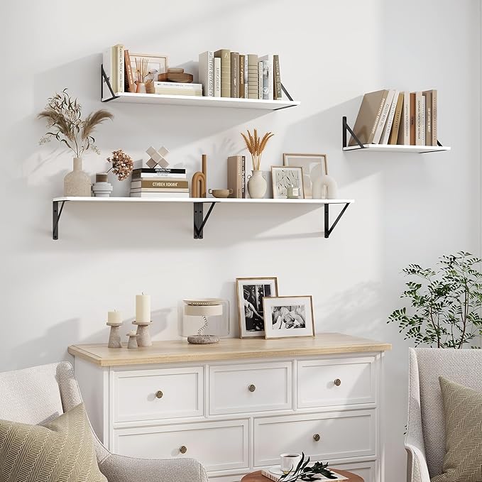 Heimlove White Deep Floating Shelves for Wall, 40W x 8D Wood Wall Shelves Set of 2, Wide Floating Bookshelf for Living Room, Kitchen, Office, Bedroom and Decor Storage, with Black Bracket - White