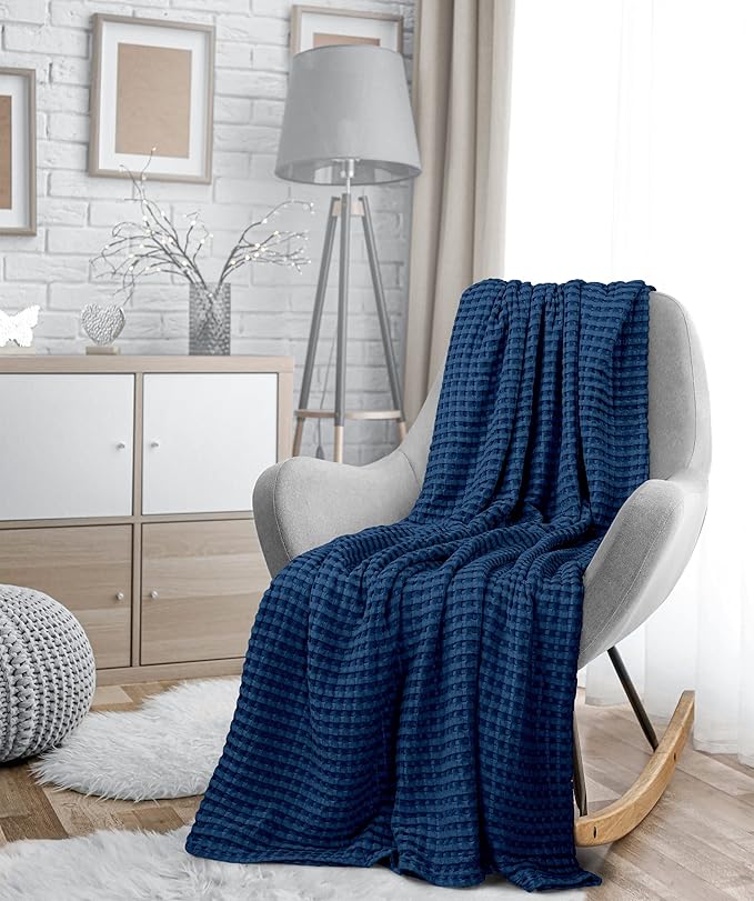 Utopia Bedding Navy 100% Cotton Waffle Blanket 300 GSM [King - 90x108 Inch] Soft Lightweight Breathable Bed Blanket for All Season