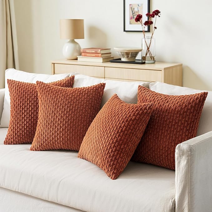 MIULEE Terracotta Decorative Throw Pillow Covers for Couch Sofa Living Room Set of 4 Rustic Striped Cushion Covers Corduroy Pillowcases Farmhouse Home Decor 18x18 Inch Burnt Orange