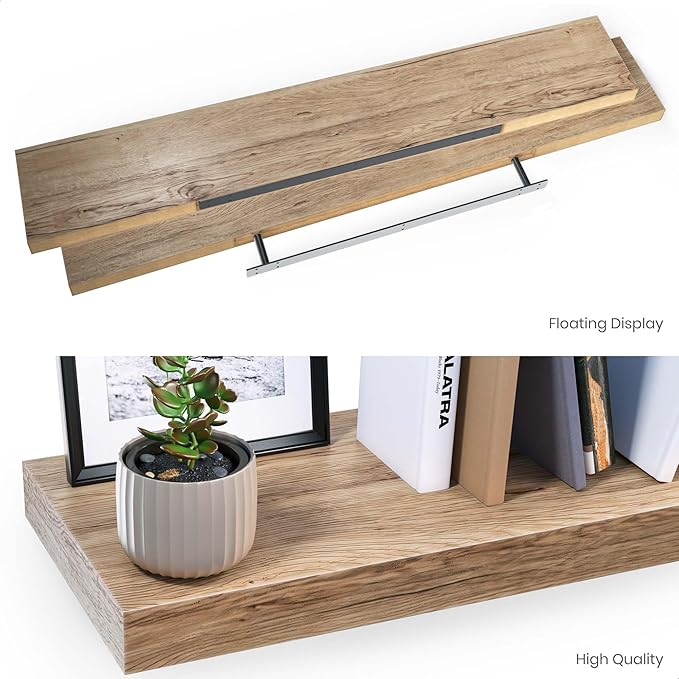 Ballucci Floating Shelf, 48" Wood Wall Shelf with Invisible Brackets for Bathroom, Living Room, Bedroom, Kitchen, Nursery, 8" Deep, Oak Finish