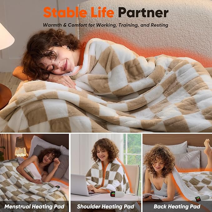 Light Brown Heated Throw Blanket Electric, 50X60 Heating Blanket with 10 Heat Levels & 8 Hours Auto Off for Lap, Checkered Plaid Soft Sherpa Blankets for Mom Grandma Women Couch