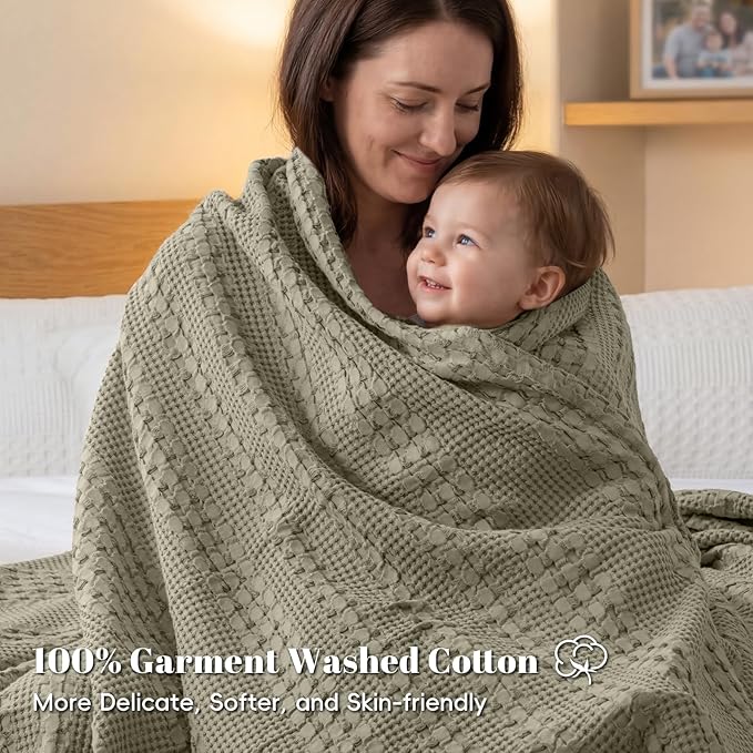 PHF 100% Cotton Waffle Weave Blanket King Size for Bed, Soft Lightweight & Breathable for Spring and Summer, All-Season Comfort, Luxury Aesthetic Blanket for Home Decor, 108"x90", Dusty Sage