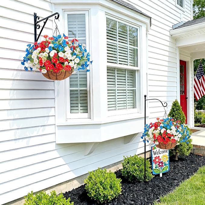 Artificial Fake Hanging Flowers with Basket for Outdoors, Faux Petunias Flowers Fake Hanging Plants with Eucalyptus Realistic UV Resistant for Outside Patio Garden Porch Balcony Yard Decor