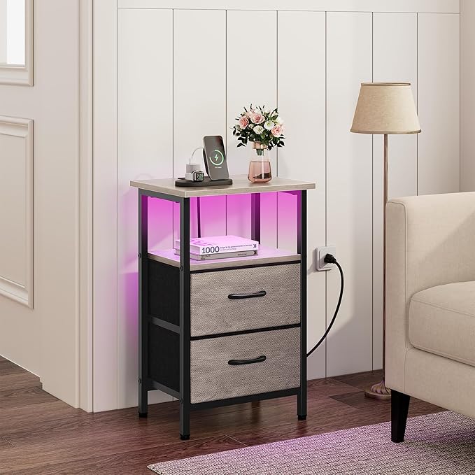 Vagusicc Nightstand with Charging Station, LED Night Stand with 2 Fabric Drawers, Bedside Table with Storage Shelf, 24.2" Tall Bed Side Table with USB Ports and Outlets for Bedroom, Greige