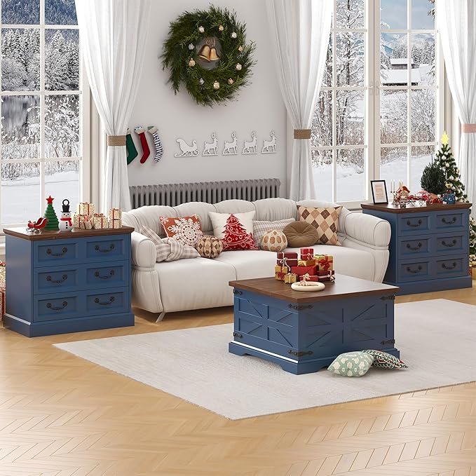 27.6" Wide Farmhouse Nightstand with Charging Station, 3 Drawer Nightstands Set of 2, Larger Side Table End Table, Modern Night Stand for Bedroom, Living Room, Blue Nightstand