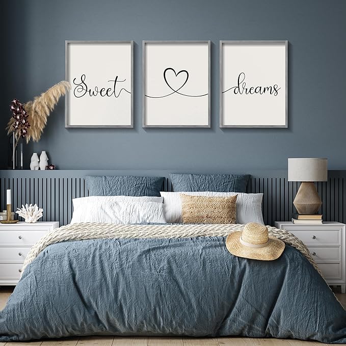 Ronasip Sweet Dreams Wall Decor for Bedroom Set of 3 Framed Wall Art for Farmhouse Rustic Home Master Bedroom Decor (11”x14”, Gray)