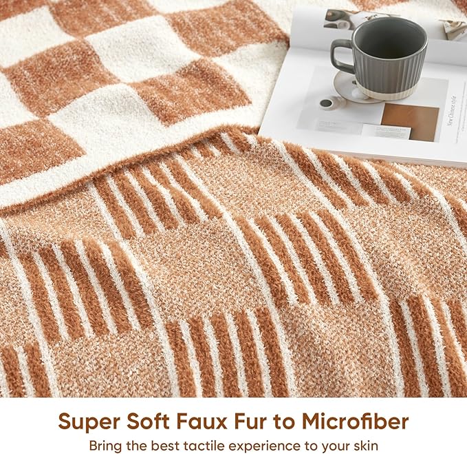Snuggle Sac Checkered Orange Throw Blanket for Fall,Super Soft Reversible Cozy Warm Blanket for Couch Sofa Bedroom,Cute Lightweight Striped Throws for Women,Heather Orange,60x80 inches