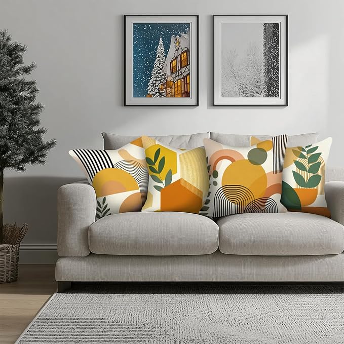 PICKFORU Boho Throw Pillow Covers Set of 4, 18x18 inch Abstract Yellow Green Throw Pillowcase Modern Art Cushion Case for Couch Sofa