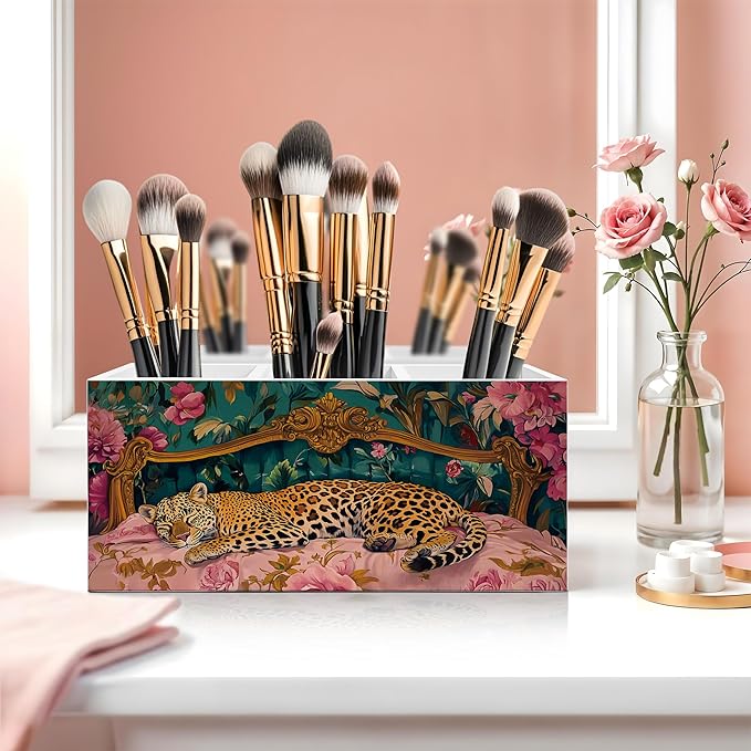 Trendy Retro Leopard Pen Pencil Holder, Leopard Print Gifts for Women, Eclectic Maximalist Sleeping Cheetah Pencil Pen Holder Organizer for Home Office Desk Accessories