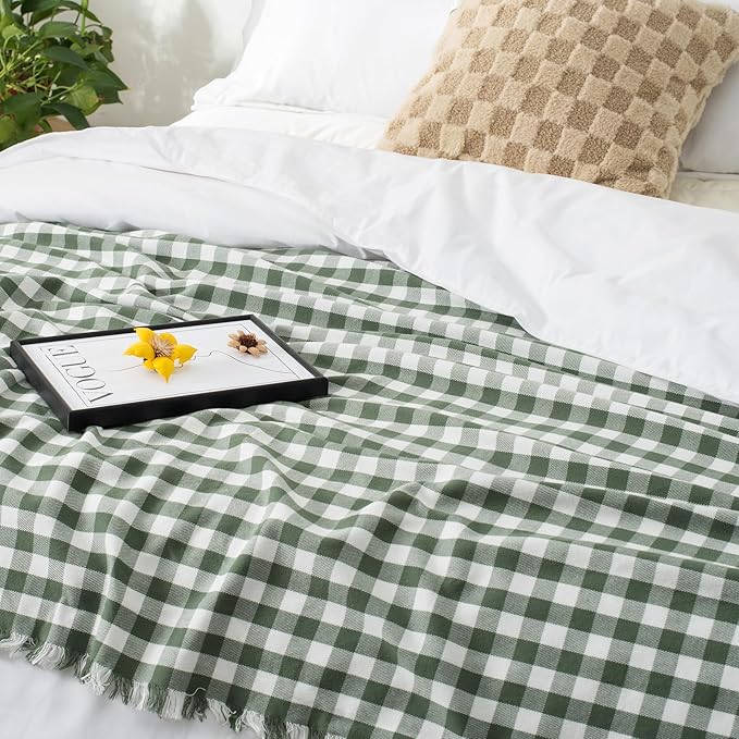 100% Cotton Throw Blanket Plaid Soft Lightweight Cozy Farmhouse Tassels Summer Thin Breathable Throws for Couch Sofa Bed (50" × 60" Green)
