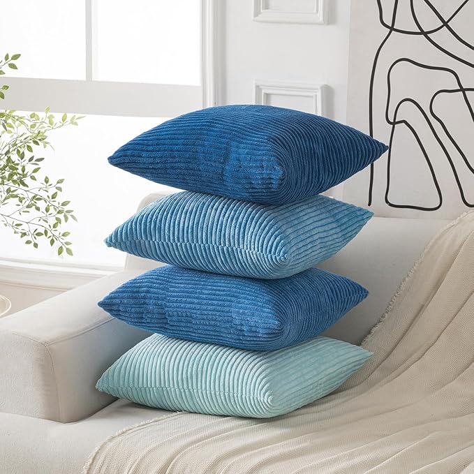 Volcanics Set of 4 Light Blue Corduroy Decorative Couch Throw Pillow Covers 18x18 Inch, Soft Modern Boho Striped Accent Cushion Cases for Beach, Patio, Balcony, Summer Gradient Shams Home Decor