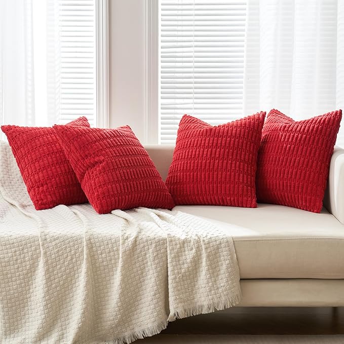 MIULEE Pack of 4 Christmas Red Corduroy Decorative Throw Pillow Covers 20x20 Inch Soft Boho Striped Pillow Covers Modern Farmhouse Home Decor for Sofa Living Room Couch Bed