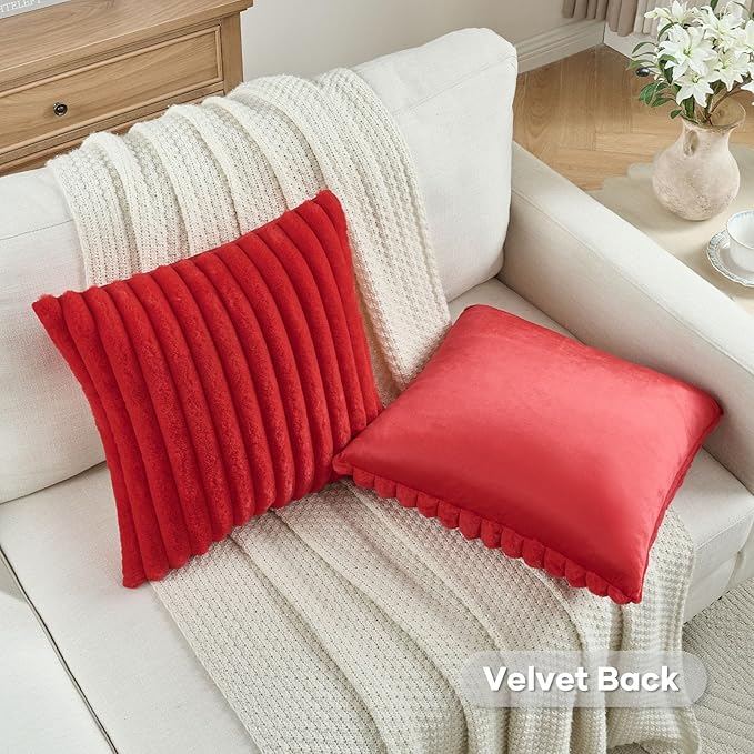 FUTEI Red Decorative Throw Pillow Covers Set of 2, 12x20 Inch Soft Fluffy Faux Fur Plush Striped Lumbar Pillowcases, Modern Home Decor for Couch Bed Living Room