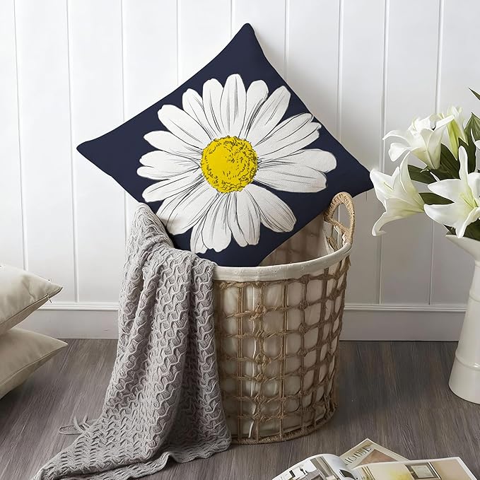 Hexagram Spring Summer Pillow Covers 16x16 Set of 4, Outdoor Floral Daisy Decorative Dark Blue Throw Pillow Covers, You are My Sunshine Farmhouse Cushion Case for Couch Sofa Indoor Decor(No Insert)