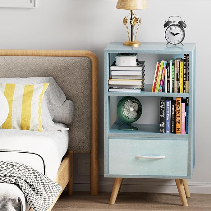 Night Stand, Blue Nightstand with Drawer, Side Table with Open Storage, 3-Tier Modern End Table, Bedside Table for Small Space, Living Room, Bedroom