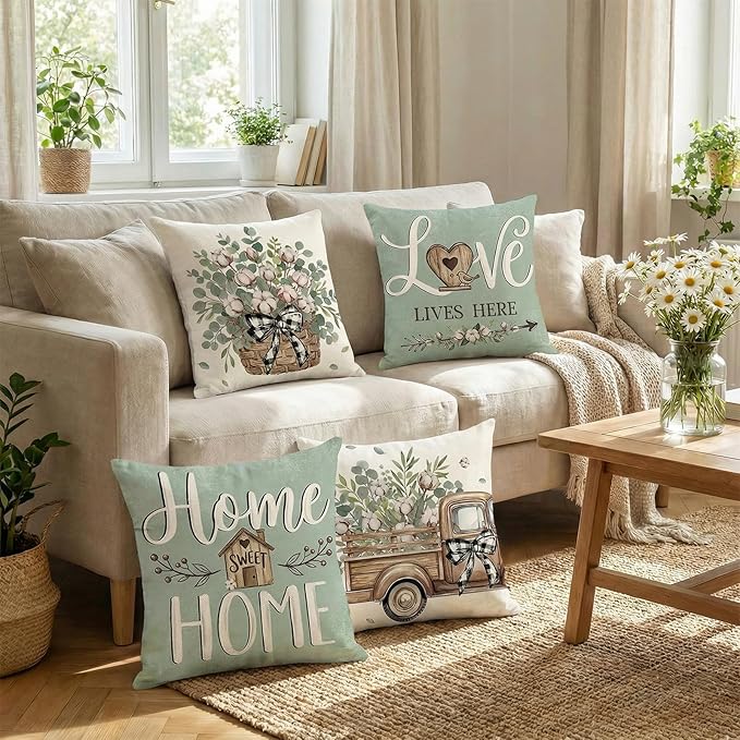 ONFAON Spring Pillow Covers 18x18, Farmhouse Eucalyptus Leaves Throw Pillow Covers Truck Home Sweet Home Cushion Case Decorations Set of 4
