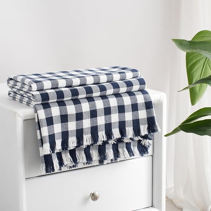 100% Cotton Throw Blanket Plaid Soft Lightweight Cozy Farmhouse Tassels Summer Thin Breathable Throws for Couch Sofa Bed (60" × 80" Navy Blue)
