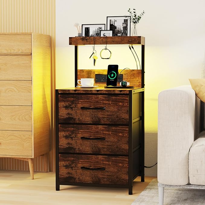 Nightstand, Dresser Nightstand with Charging Station and Led Lights, 3 Drawers Night Stand with Storage Shelf and Hooks, Tall End Side Table for Bedroom, Rustic Brown
