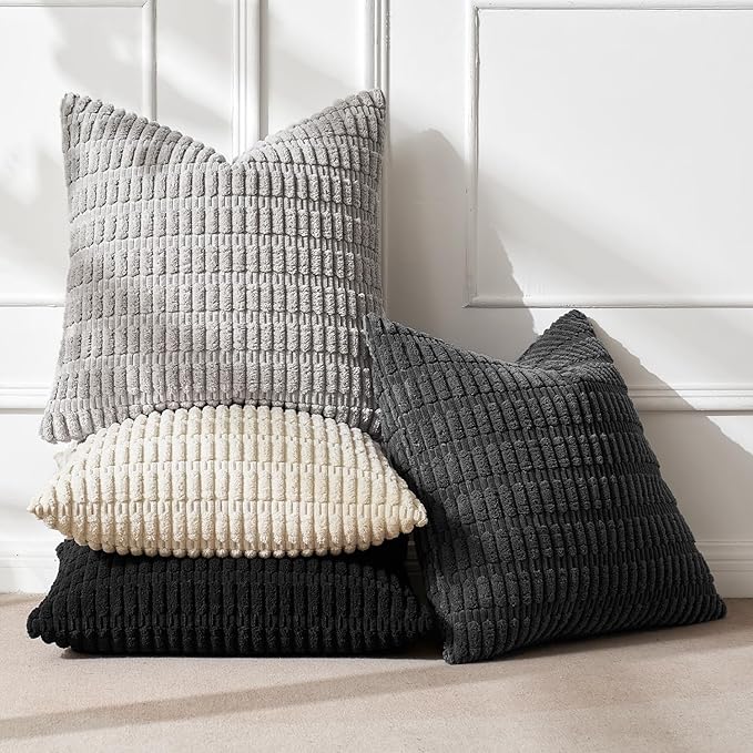MIULEE Halloween Pack of 4 Neutral Mid Century Black and White Corduroy Decorative Throw Pillow Covers 18x18 Inch Modern Soft Striped Pillow Covers Home Decor for Sofa Living Room Couch Bed