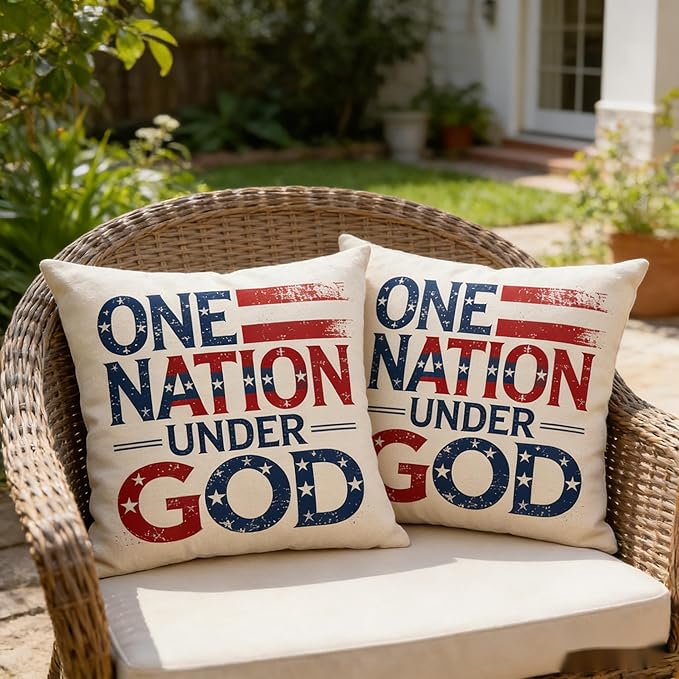 Patriotic Throw Pillow Covers, One Nation Under God, Linen, 18x18 Inch, Set of 2, Farmhouse Style, Indoor Living Room Decor July 4th — Independence Day