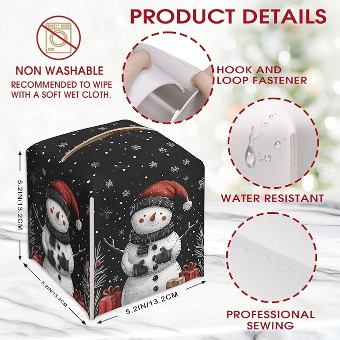 Black Christmas Snowman Tissue Box Cover Holder, Snowflake Leather Tissue Box Cover Square, Xmas Gift Ideas for Family Friends, Bathroom Kitchen Car Office Home Table Decor(5.2 Inches)-B07