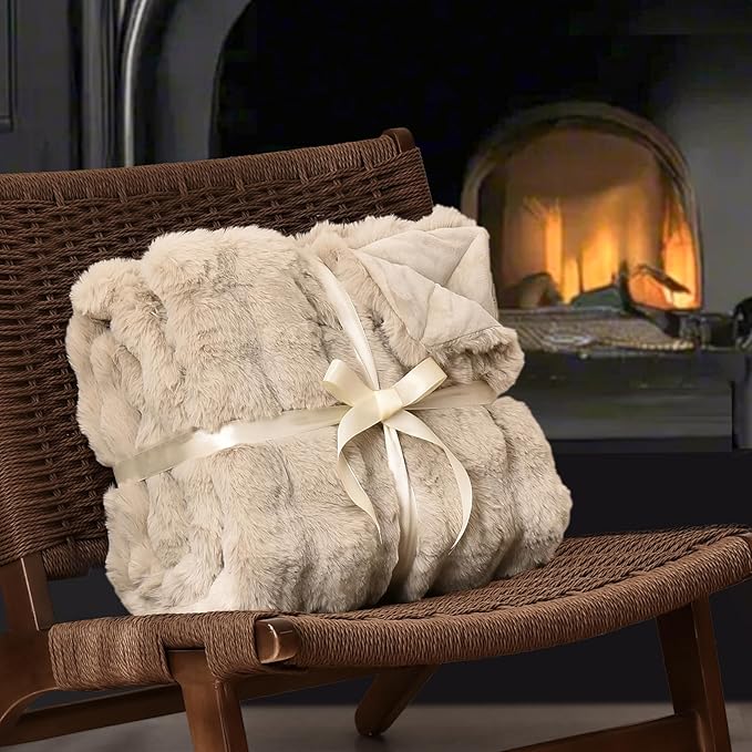 PHF Luxury Faux Rabbit Fur Blanket Twin Size, Ultra Soft Fluffy Plush Cozy Warm Bubble Blanket for Bed, Couch, Chair, Sofa Decorative, Thick Reversible Suitable for Fall & Winter, 60" x 80", Oak