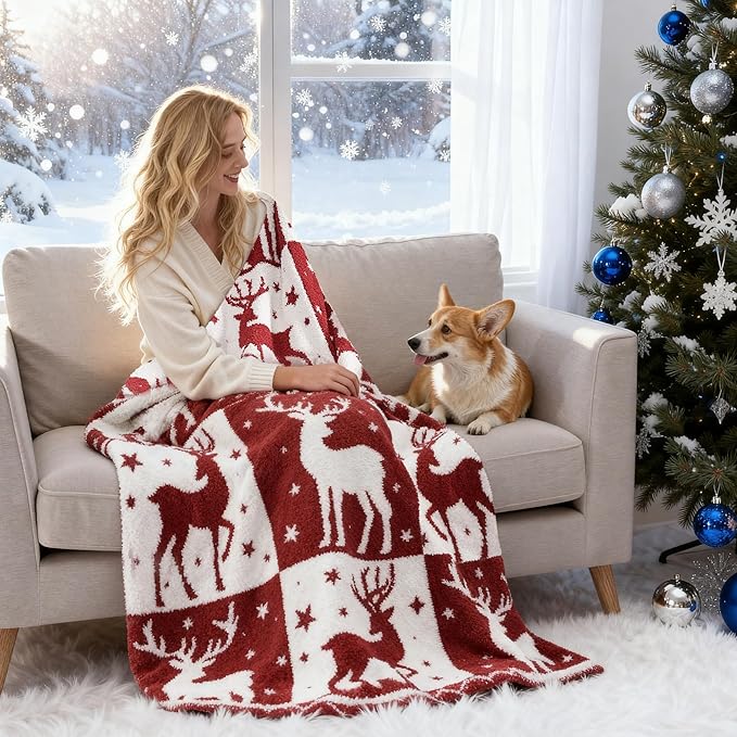 WRENSONGE Christmas Throw Blanket, Red Deer Pattern, Soft Cozy Fluffy Warm Throw Blankets for Couch, Sofa, Chair, Bed, Camping, Picnic, Travel Lightweight Bed Blanket - 50"*60"