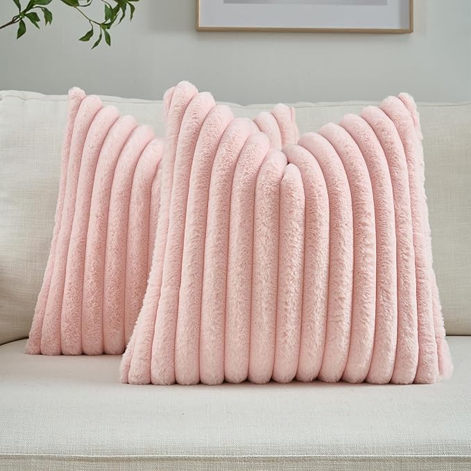 FUTEI Pink Decorative Throw Pillow Covers Set of 2, 26x26 Inch Soft Fluffy Faux Fur Plush Striped Euro Pillow Shams, Modern Home Decor for Couch Bed Living Room