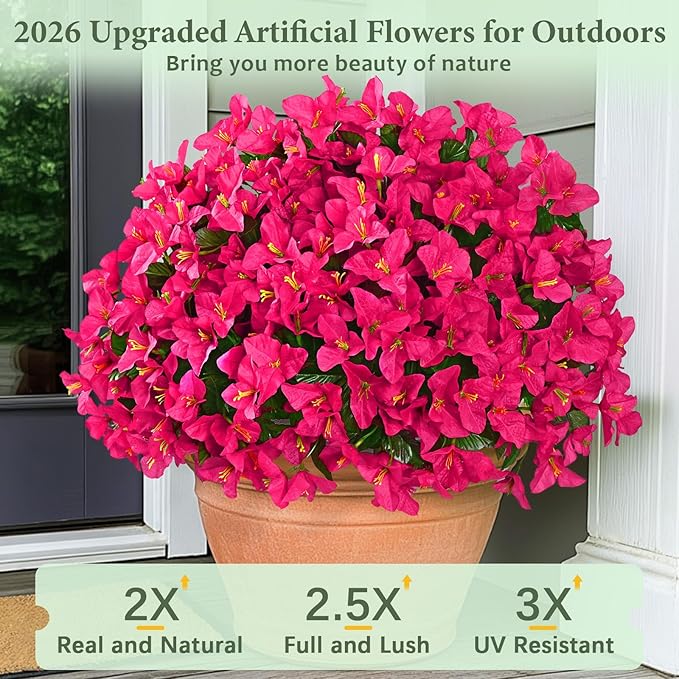 Yastouay 16 Bundles Artificial Flowers for Outdoors, Realistic Bougainvillea Fake Flowers for Outside, UV Resistant Silk Outdoor Faux Plants for Porch Patio Planter Front Door Garden Decor(Hot Pink)